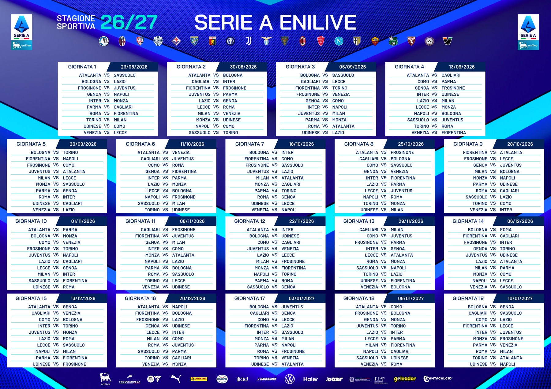 Calendario Serie A 2026/2027, giornate dalla 1 alla 19